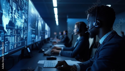 Controller monitors global data on screens in a dark room for security, support or operations