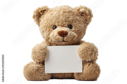 Cute teddy bear holding a blank sign, presentation design element, cut out transparent