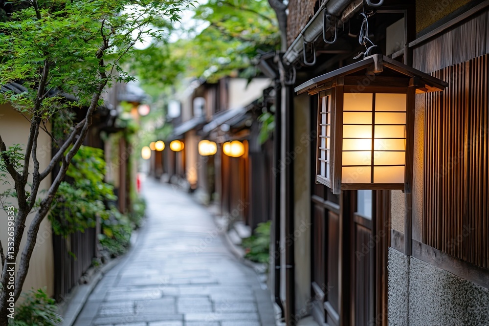 Narrow alley illuminated by warm lanterns, surrounded by lush gr Narrow alley illuminated by warm lanterns, surrounded by lush gr