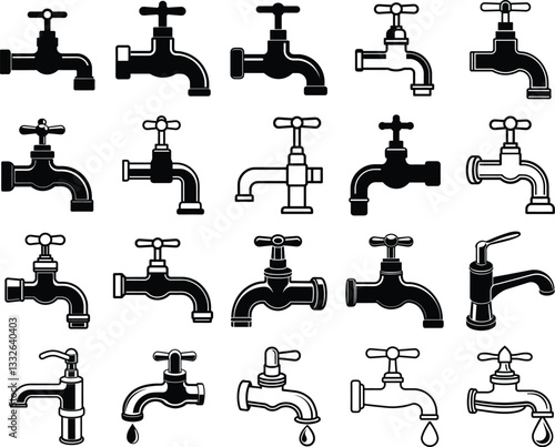 20 Faucet Icons Black and White Water Taps, Plumbing Symbols, Set of Vintage and Modern Designs