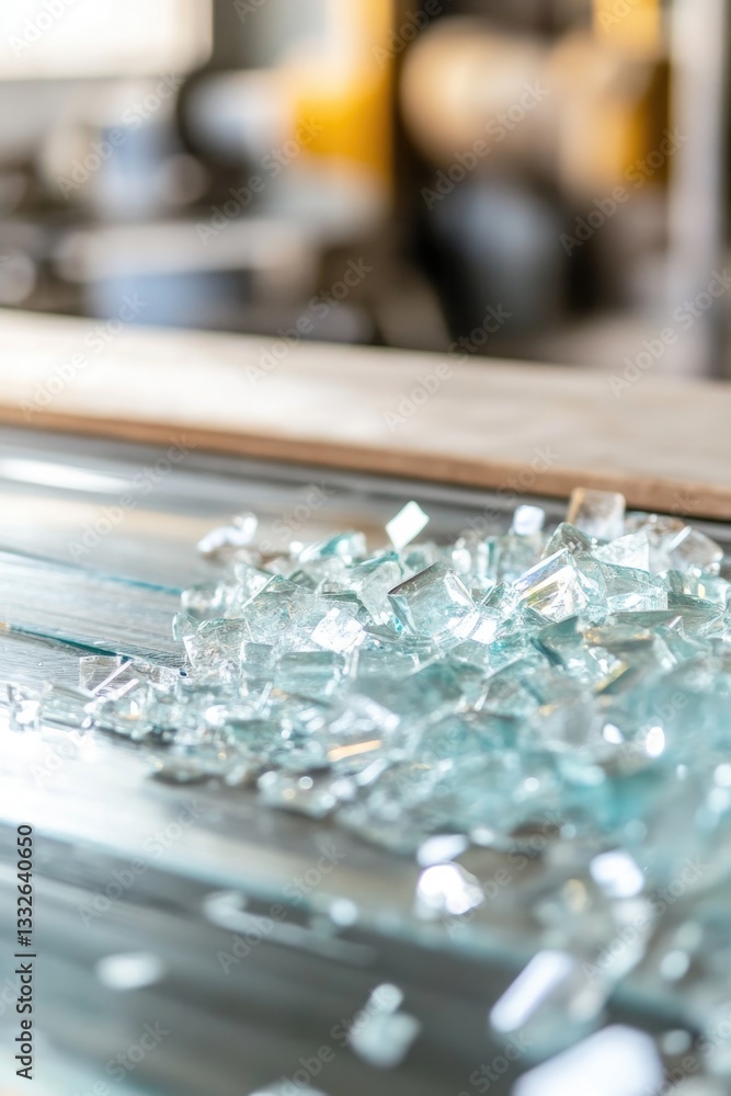 Shimmering shards of glass scattered on reflective surface, show Shimmering shards of glass scattered on reflective surface, show