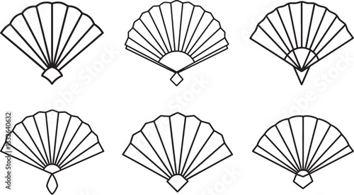 set of fan line art, black outline, vector and illustration, coloring book page line art drawing