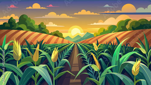 maize corn crops in agricultural plantation in the evening with sunset, cereal plant, animal feed agricultural industry, Beautiful landscape