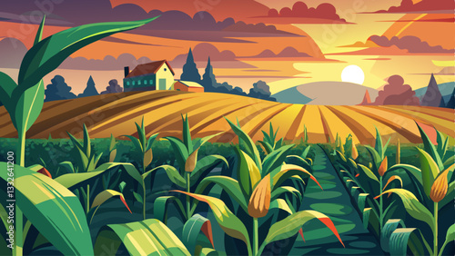 maize corn crops in agricultural plantation in the evening with sunset, cereal plant, animal feed agricultural industry, Beautiful landscape