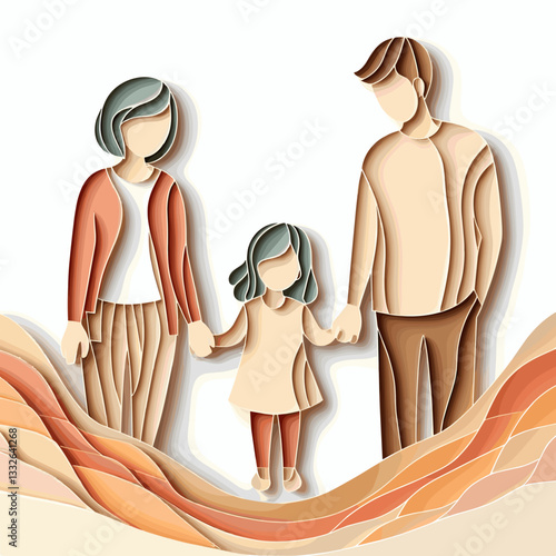Stylized family illustration of parents holding hands with daughter, paper cut art, unity concept
