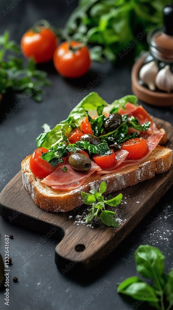 white toast with ham, lettuce, tomatoes, green olives and garlic