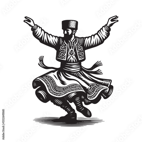 Captivating rendition of a man performing a Hora dance in an intricate woodcut style
