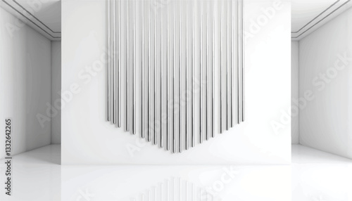 Sleek geometric installation of metal rods in spacious gallery, modern art
