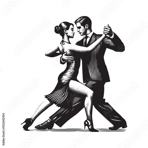 Elegant couple gracefully dances Argentine Tango in timeless woodcut illustration