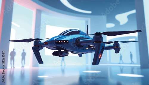 Futuristic drone hovering in tech exhibit space, innovation showcase