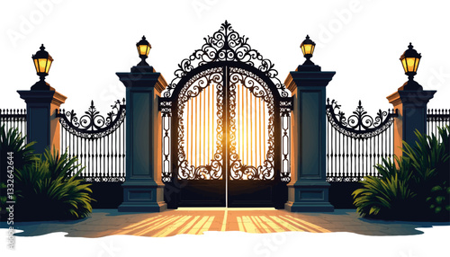 Ornate wrought iron gates with sunset light, elegant entrance design