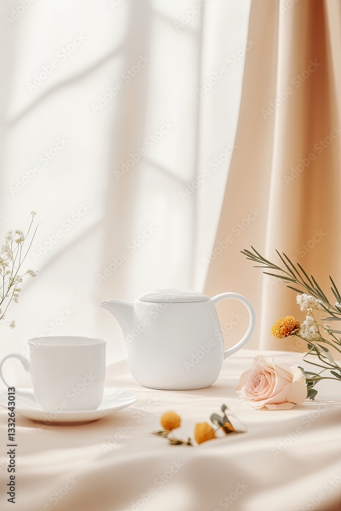 Fototapeta premium Soft sunlight filters through sheer curtains, illuminating elega