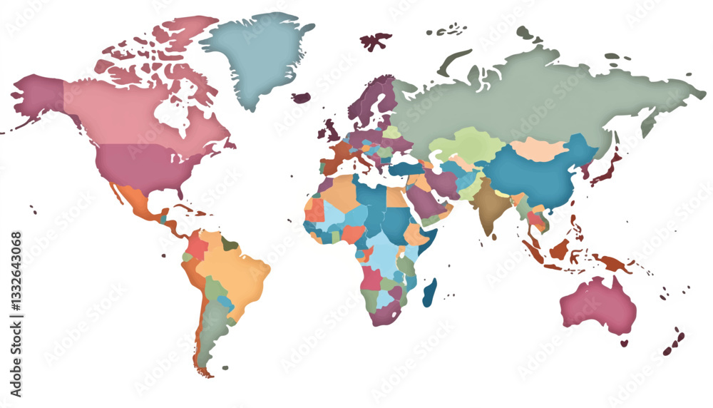 Fototapeta premium Interactive world map illustration in pastel colors on white background, visual clarity