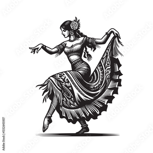 Elegant woman dancing Jota with a woodcut style, showcasing folk tradition