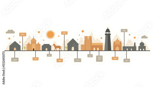 Geometric history timeline illustration in muted colors, educational concept