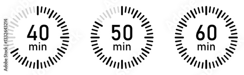 From 40 minutes to 60 minutes on stopwatch vector icon set in flat design. Countdown sign, business concept. 40, 50, 60 minutes timer, clock vector icon set. Line style. Vector illustration.