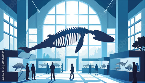 Giant whale skeleton suspended in museum surrounded by marine life exhibits, exploration