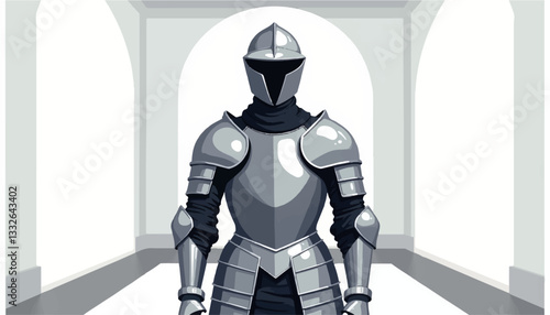 Medieval knight in shiny armor displaying geometric design, historical symbolism