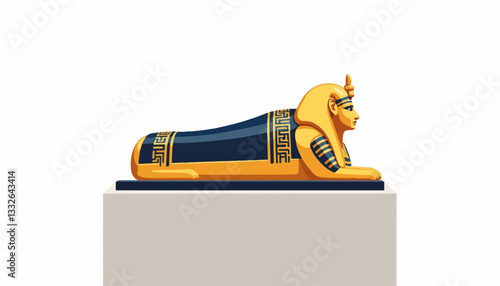 Detailed Egyptian sarcophagus illustration in minimalist museum, symbolism