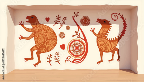 Prehistoric creatures depicted in cave painting, artistic representation