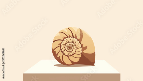 Fossilized shell exhibit on display in minimal museum setting, artistry