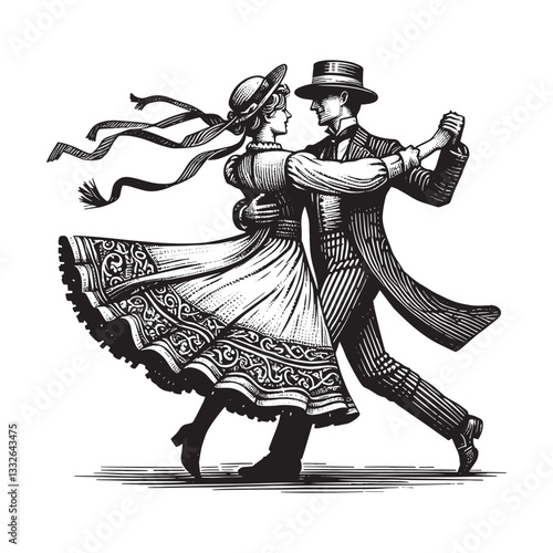 Engraving Style Illustration of Couple Enjoying a Lively Polka Dance
