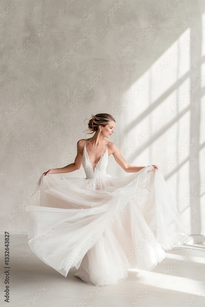 Graceful woman twirls in flowing white gown, illuminated by soft Graceful woman twirls in flowing white gown, illuminated by soft