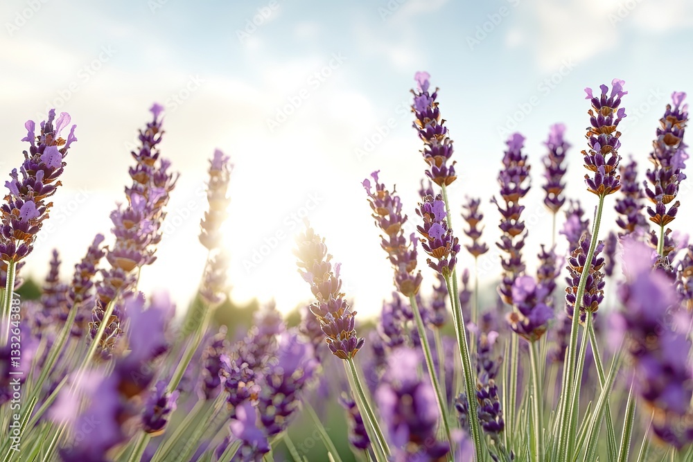 Naklejka premium Lavender blooms sway gently under soft sunlight, creating serene