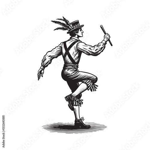Monochrome drawing of a traditional Morris dancer performing with sticks and feathered hat