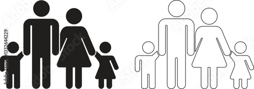 Parents and child family icon solid in flat, line set