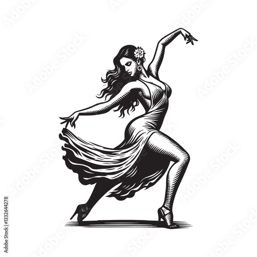 Passionate rumba dancer in vintage woodcut style illustration capturing rhythm