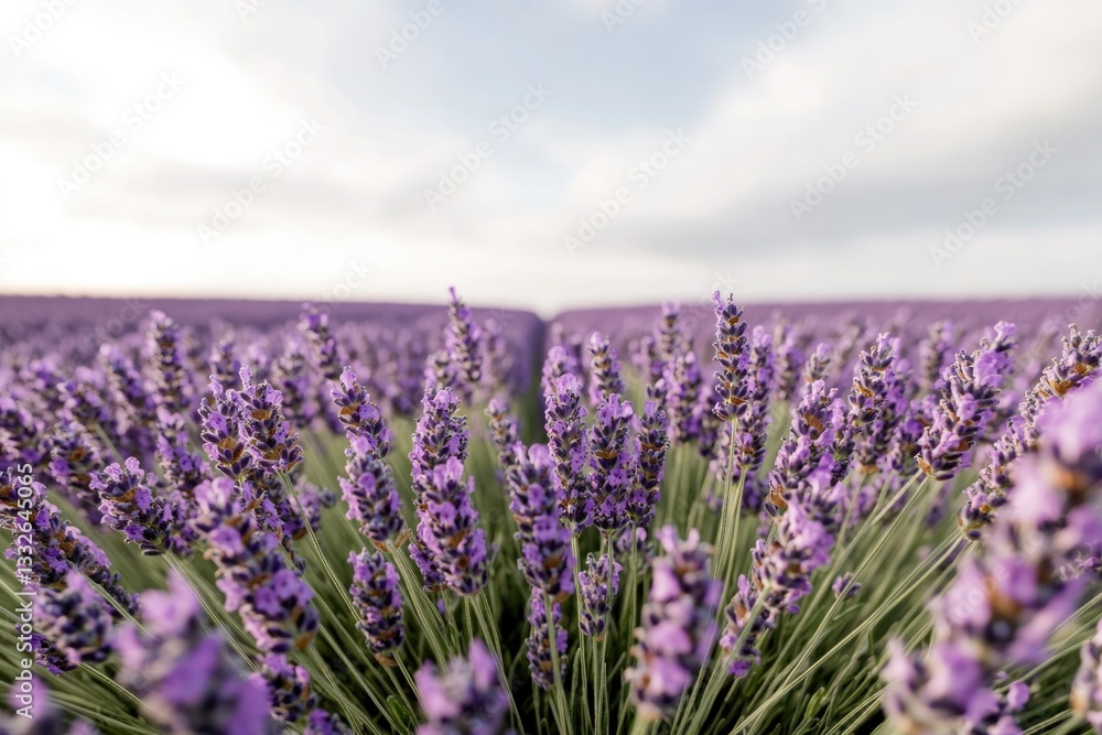 Obraz premium Lavender fields stretch endlessly under serene sky, vibrant purp