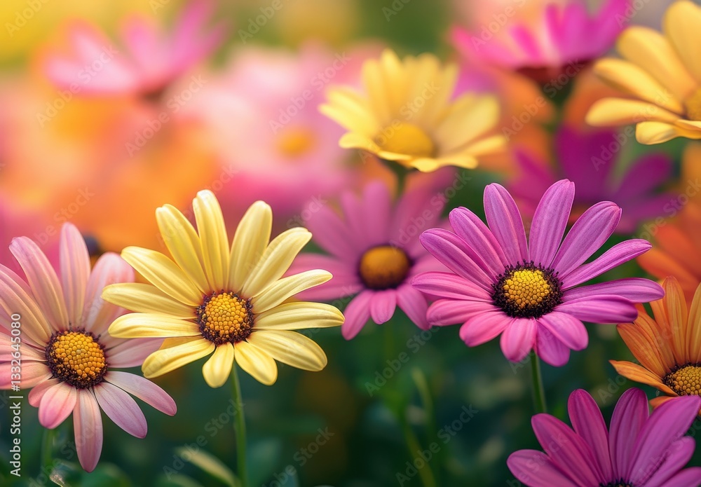 Colorful Daisies Blooming in a Garden During Golden Hour with Soft Focus and Dreamy Background of Pink, Yellow, and Purple Petals Colorful Daisies Blooming in a Garden During Golden Hour with Soft Focus and Dreamy Background of Pink, Yellow, and Purple Petals