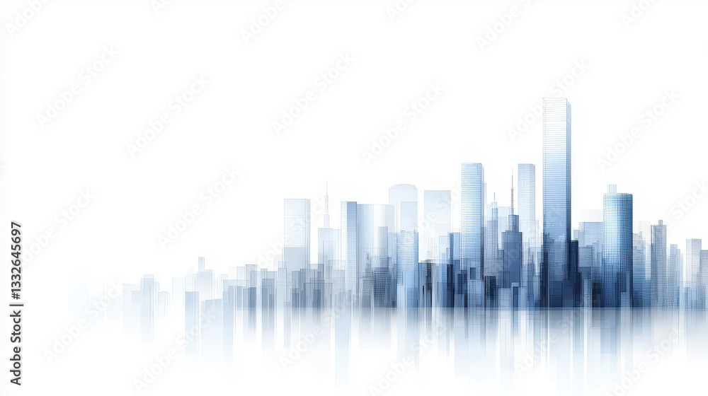 Minimalist cityscape featuring towering skyscrapers in blue tones, evoking serene atmosphere Minimalist cityscape featuring towering skyscrapers in blue tones, evoking serene atmosphere