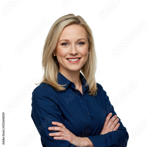 Confident businesswoman with blonde hair and blue shirt in a professional corporate headshot isolated on transparent background