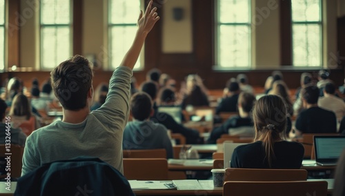 Student raising hand in classroom, lecture hall. Other students, laptops, desks. Education concept