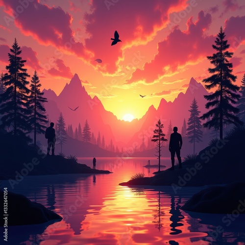 vibrant silhouettes various objects backlit glowing sunset striking display colors shapes, sky, horizon, nature, scene, light, evening, reflection