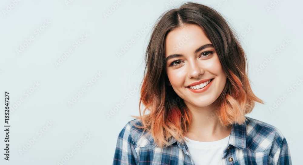 Smiling young caucasian female with ombre hair in plaid shirt against light background Smiling young caucasian female with ombre hair in plaid shirt against light background