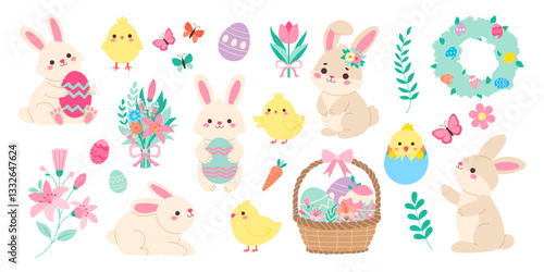 A collection of Easter bunny and bird characters. Some of the characters are holding eggs. There are also flowers and a wreath in the background