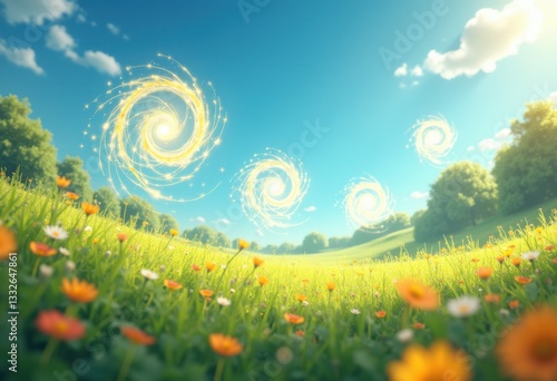 vibrant spirals light captured lush natural landscape under clear blue sky, aesthetic, ambience, artistic, atmospheric, beauty, beams, colors, contours