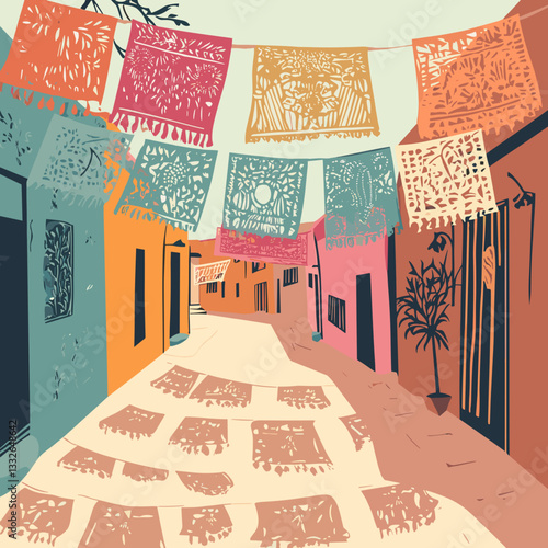 Illustration of a colorful Mexican street with papel picado banners

