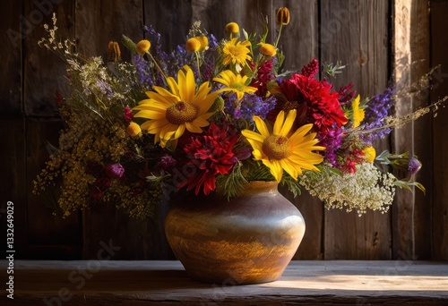 Wallpaper Mural colorful lively bouquet arrangement featuring bright flowers rustic wooden table natural texture, floral, greenery, petals, stems, leaves, composition Torontodigital.ca