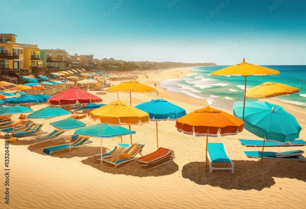 Obraz premium vibrant coastal landscapes featuring colorful towels umbrellas yielding stunning summer atmosphere sunlit serenity, beach, seaside, ocean, waves, sand