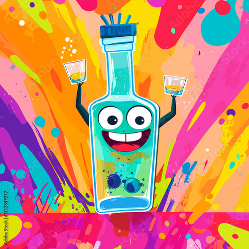 Cartoon tequila bottle with arms holding shot glasses on a colorful background

