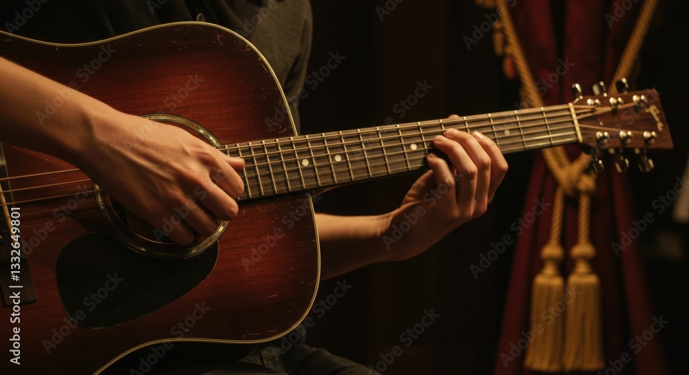 Man playing the acoustic guitar during concert performance, creating smooth melody for music event, providing musical entertainment, creative hobby and skill Man playing the acoustic guitar during concert performance, creating smooth melody for music event, providing musical entertainment, creative hobby and skill