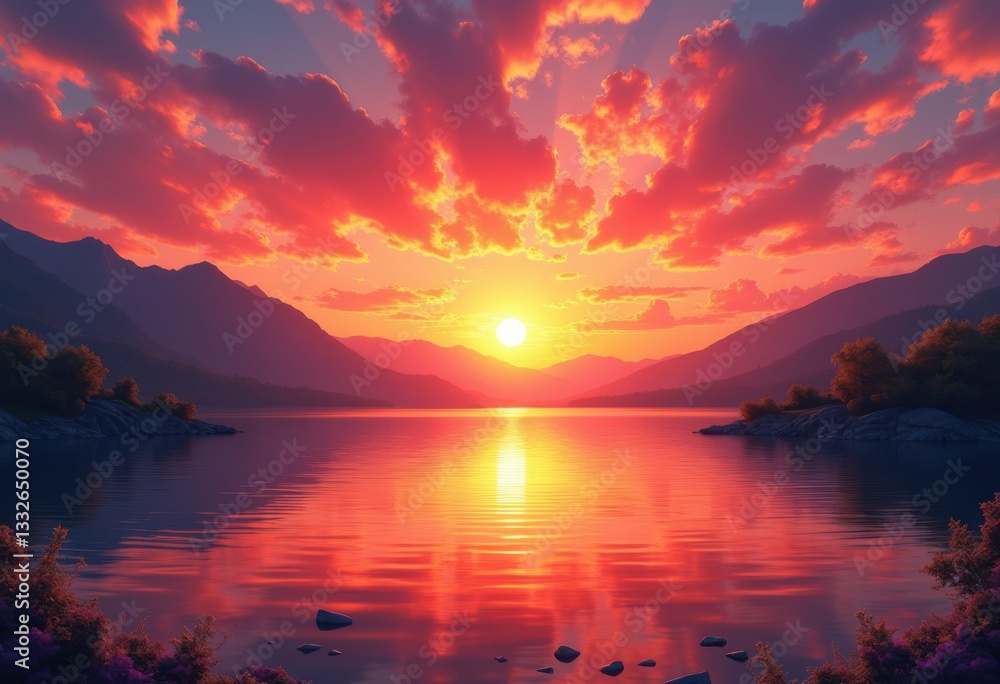 Obraz premium vibrant sunset landscape dynamic reflections bold colors mixing above serene horizon, sky, orange, pink, clouds, blue, yellow, nature, view, water, outdoor