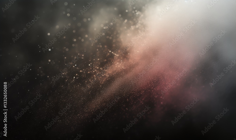 Fototapeta premium Shimmering grainy gradient texture with a smooth color transition from pink gray and white on a black smoky background, creating a soft background