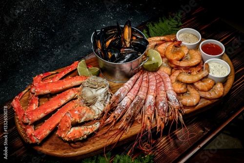 Gourmet Seafood Assortment: Crab Legs, Shrimp, Mussels with Sauces and Lime on Wooden Stand with Greens Decor, Studio Light.