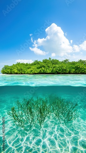Crystal Clear Water Under Bright Sky with Lush Green Island