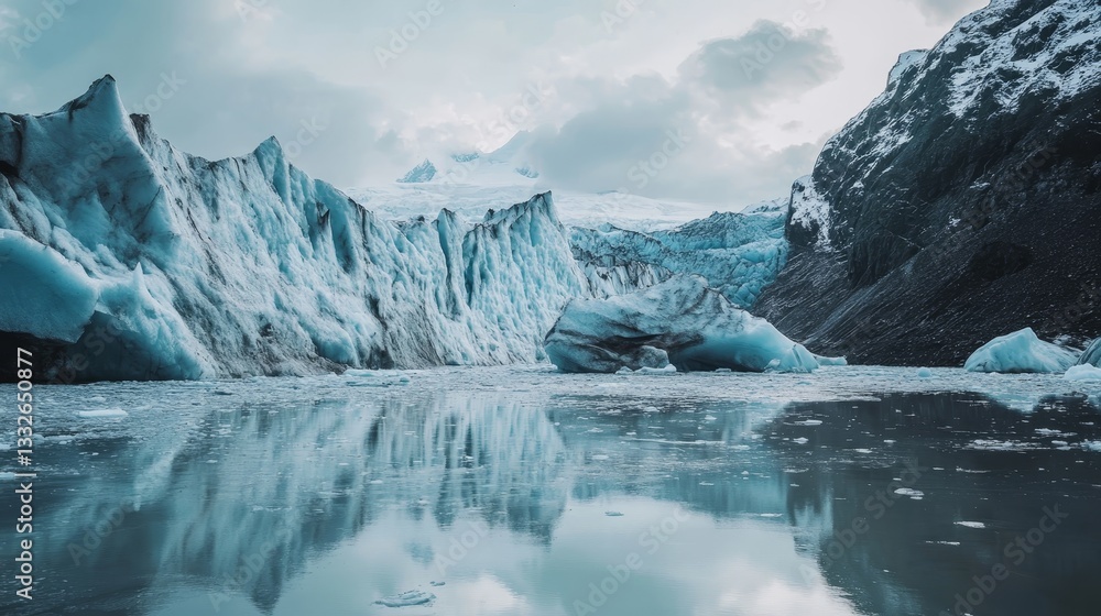 Obraz premium Melting glaciers in a pristine mountain landscape highlight the urgent impact of climate change.